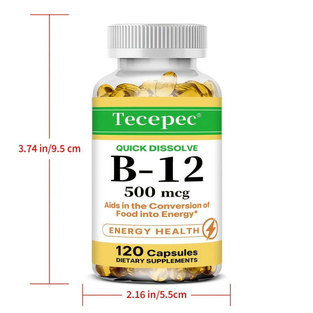 Vitamin B12 Dietary Supplement - 500 Mcg Per Serving, Premium Formula - Supports Nervous System And Cardiovascular Health - Supports Nutrient Absorption And Daily Vitality - Suitable For Men And Women - 120 Capsules