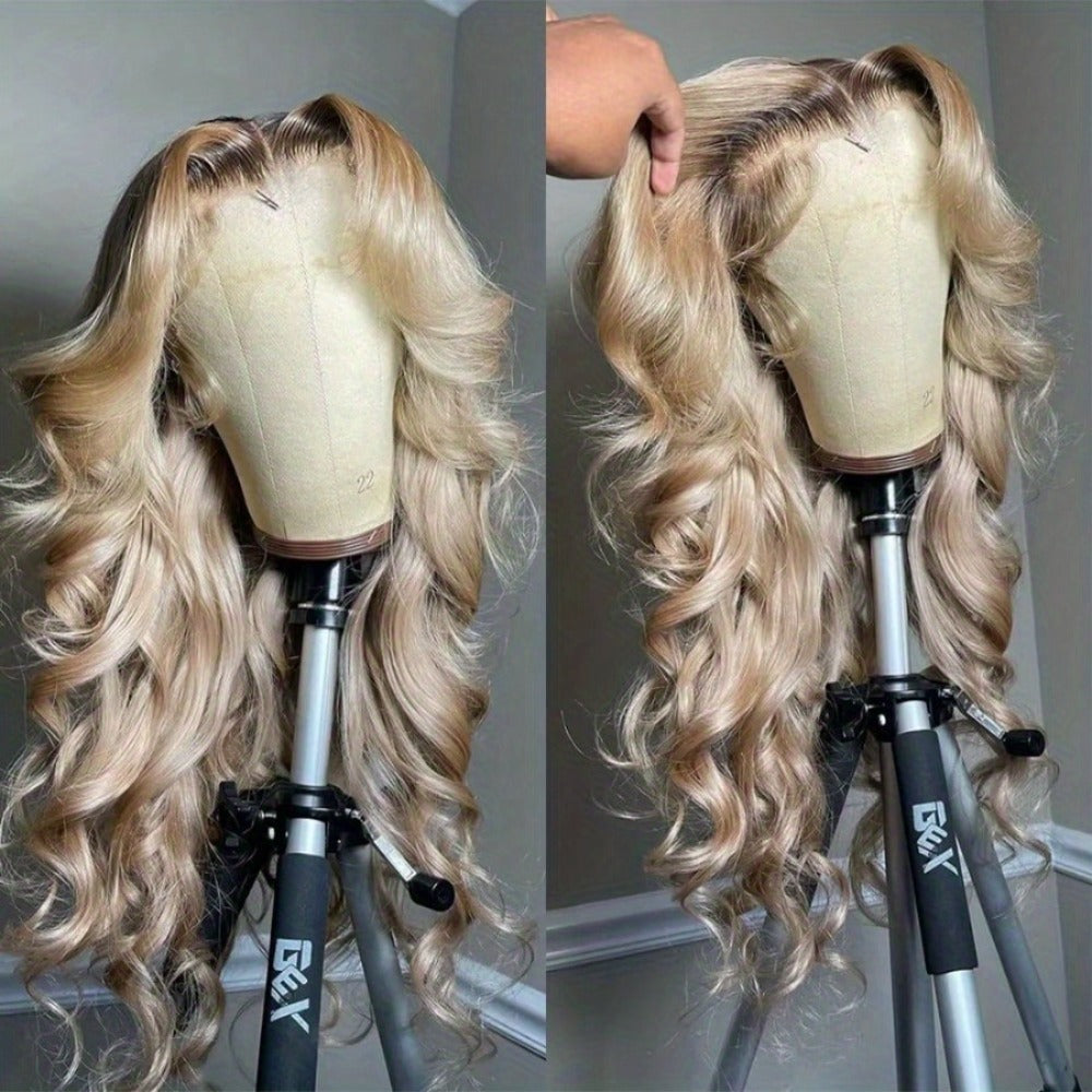 HD Lace Front Wig Long Wavy Synthetic 13x4 200% Density Glueless Pre-Plucked Ombre Blonde Blue Mixed Color Women Party 32 Inch