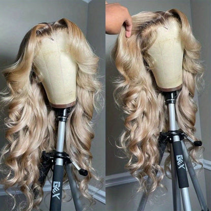HD Lace Front Wig Long Wavy Synthetic 13x4 200% Density Glueless Pre-Plucked Ombre Blonde Blue Mixed Color Women Party 32 Inch
