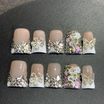 Press On Nails Ugly Cute Duckbill White French Style – Colorful AB Floral Full Cover Handmade Fake Nails | 10pcs Nail Art Set for Daily Use, Parties & Birthday Gifts, S/M/L