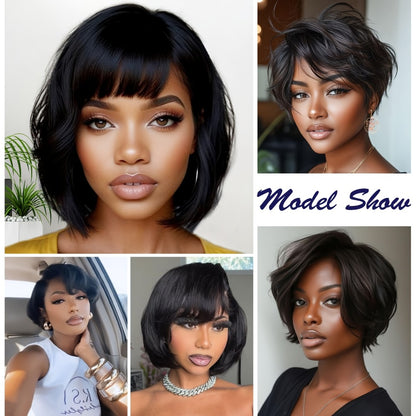 Short Human Hair Wigs for Black Women – Curly Pixie Cut Bob Wig with Bangs, Brazilian Remy Hair, Natural Looking None Lace Front, 8 Inch