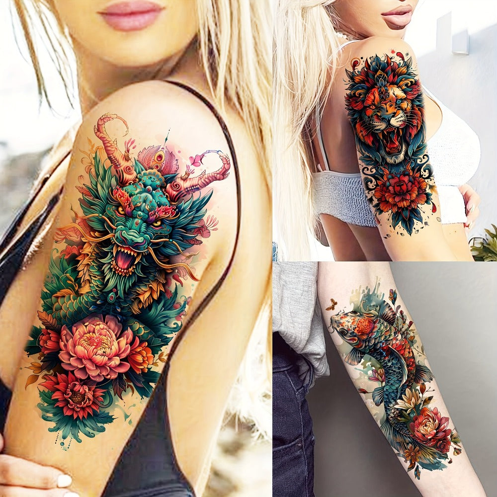 Temporary Tattoos for Adults 71 Sheets - Old School Halloween Tiger Wolf Lion Dragon Skull Floral Gothic Punk Chicano Body Art Fake Tattoos Long Lasting Waterproof for Parties Festivals Costumes