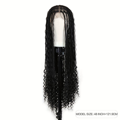 Box Braids Wig for Women Full Lace — 48 Inch Bohemian Braided Wig with Boho Curls, Black Lace Front Braid Wig for Halloween Cosplay Festival Party Protective Style