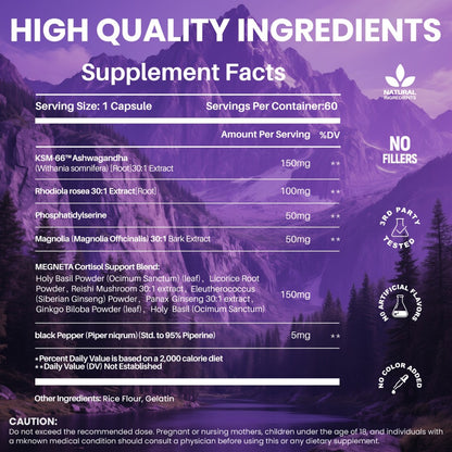 Stress Relief Supplement Capsules with Ashwagandha Rhodiola Rosea L-Theanine & Magnesium | Cortisol Balance Restful Sleep & Mood Support | 120 Capsules 4-Month Supply for Men & Women