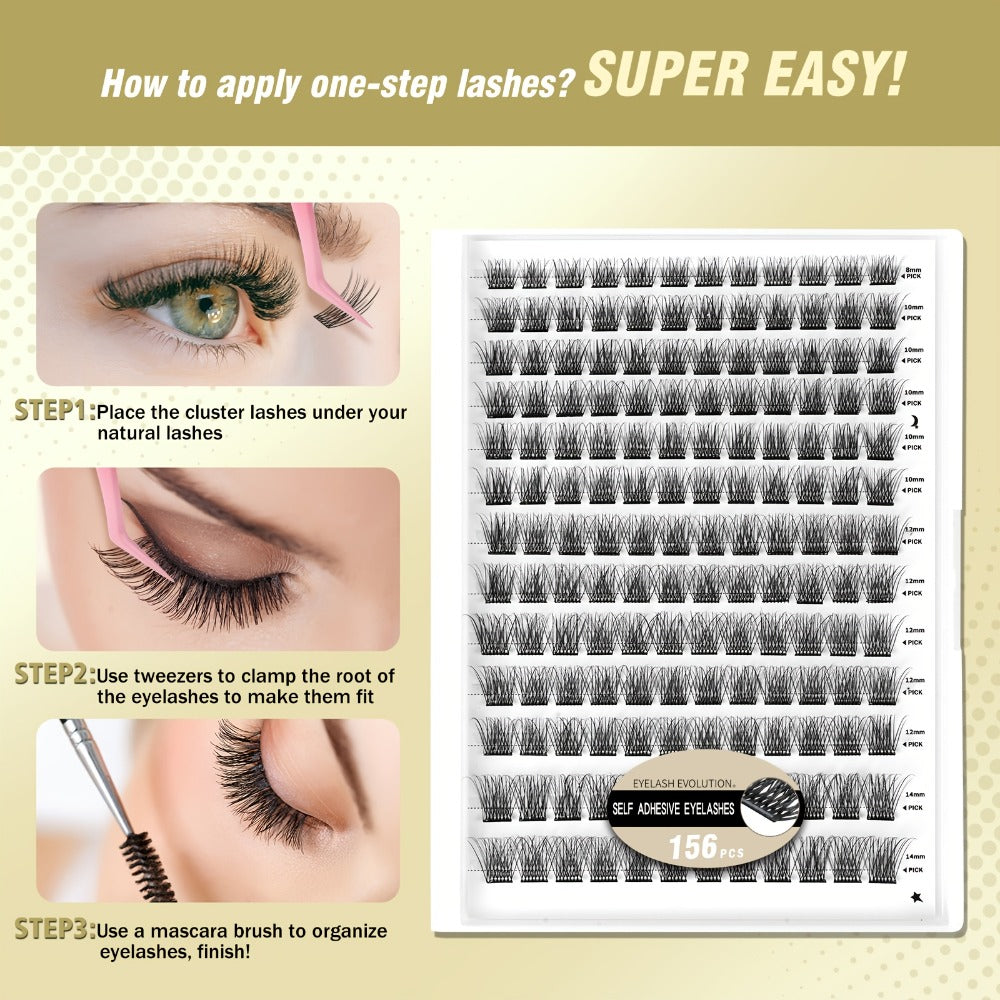 156pcs Self Adhesive Eyelashes Clusters Kit with 2 Tweezers Lash Clusters DIY Eyelashes Pre Glued Reusable No Glue Needed No Remover No Residue