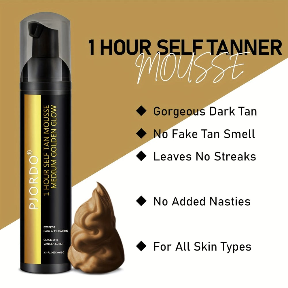 6pcs Pjordo Self Tanner 3.38oz Set, Self Tanner Mousse With Self Tanning Mitt Applicator Kit, 1 Hour Sunless Tanner, Fast Self Tan, Long Lasting Self Tanning Foam, No Fake Tan Smell, Holiday Gifts