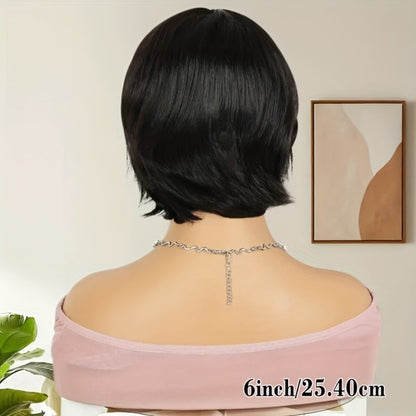 Curly Wavy Bob Wig Human Hair with Bangs – Short Pixie Cut None Lace Front Rose Net Cap, Natural Black 1B, Versatile Daily Wear & Cosplay Wig for Women, 6 Inch
