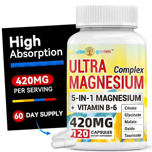 5-in-1 Magnesium Complex + Vitamin B6 Supplement - 420MG - High Absorption Magnesium Supplement for Sleep, Nerves, Muscles, Bones, 120 Capsules