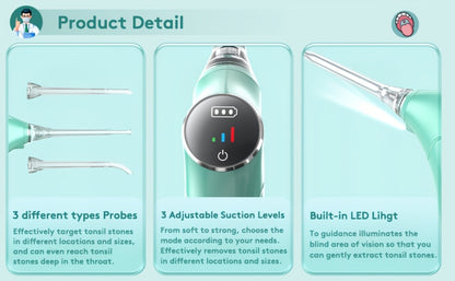 Tonsil Stone Remover Electric Vacuum Kit — Built-In LED Light, 3 Suction Modes, 5X Magnifying Mirror, Oral Irrigator for Effective Tonsil Stone Removal at Home