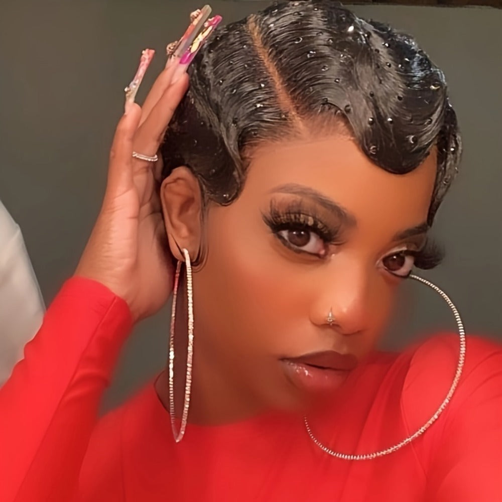 Short Human Hair Wig Pixie Cut Finger Wave Deep Ocean Wave Brazilian Virgin 180% Density Rose Net Cap Women 1B 613 Blonde Party Ready