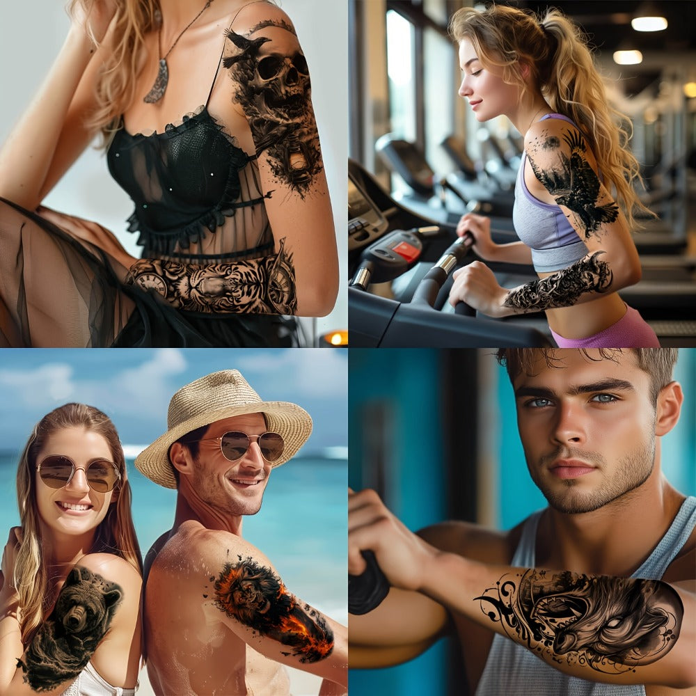 24-Pack Half Sleeve Temporary Tattoos for Adults - Realistic 3D Lion, Eagle, Skull And Greek God Designs | Waterproof Forearm Body Stickers for Men And Women (Gothic Style, Long-Lasting)
