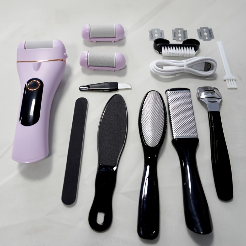 14-in-1 Rechargeable Electric Foot Remover Kit - Professional Pedicure Set with 3 Rollers, 2 Speeds, Battery Display, Foot File, Foot Scrubber, USB Powered, Lithium Battery, Plastic Material, Includes Power Adapter, No Display, for Home and Salon Use, Sal