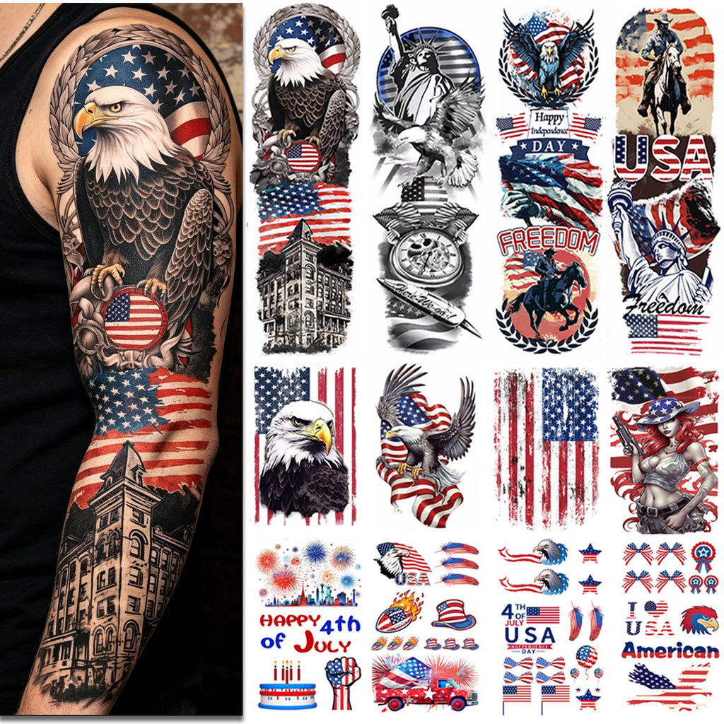 14 Sheets 4Th of July Temporary Tattoos Independence Day Fake Tattoo 4Th of July Sleeve Tattoo American Flag Tattoos for Men Women Red White And Blue Party Supplies