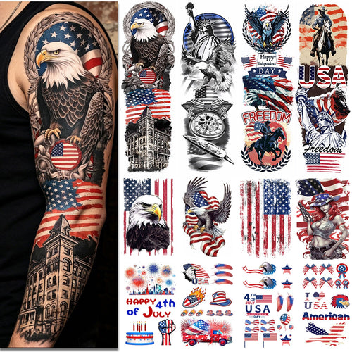4th of July Temporary Tattoos 14 Sheets Independence Day American Flag Sleeve Tattoo Stickers Red White Blue Patriotic Body Art for Men Women Party Supplies
