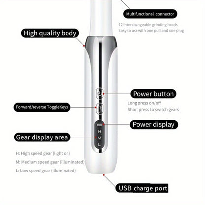 Cordless Electric Nail Drill USB Rechargeable Portable Nail File for Manicure Pedicure Polishing with 12 Nail Drill Bits and Sanding Bands Beginner Professional Home Salon Golden White