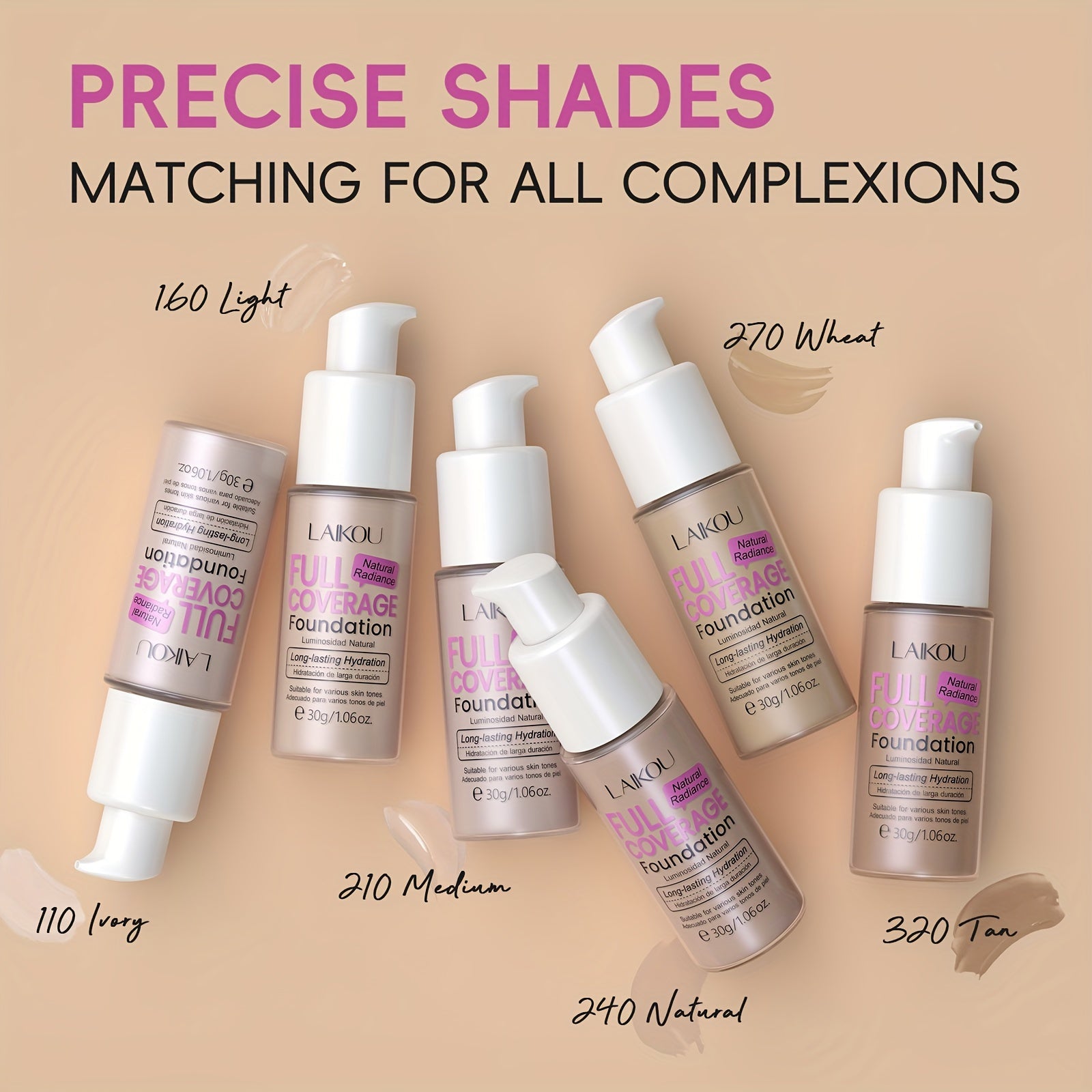 LAlKOU Hydrating Full Coverage Foundation - 1.06oz, Waterproof & Long-Lasting with Sodium Hyaluronate & Pear Powder for Flawless Skin, Invisible Pores, Conceals Blemishes - Fair to Medium Tones, 6 Colors Available, Buy 1 Get 1 Free, Buy 1 Get 1 Free