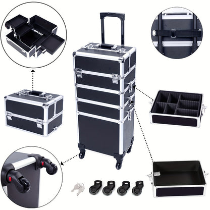 Rolling Makeup Case Aluminum Professional 4-in-1 Extra Large Cosmetic Case with 360° Swivel Wheels Trolley Makeup Travel Organizer for Artist Tattoo Black Pink Silver