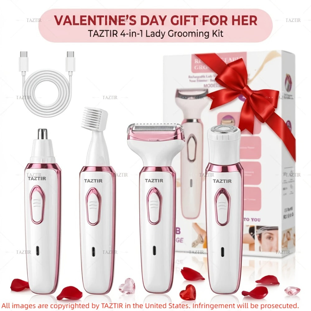 [4-in-1 Painless Razor for Women] 4-in-1 Rechargeable Electric Razor for Women - Face, Nose, Legs, Underarm, Bikini Trimmer - Wet & Dry, Painless Grooming Kit - Portable & Rechargeable