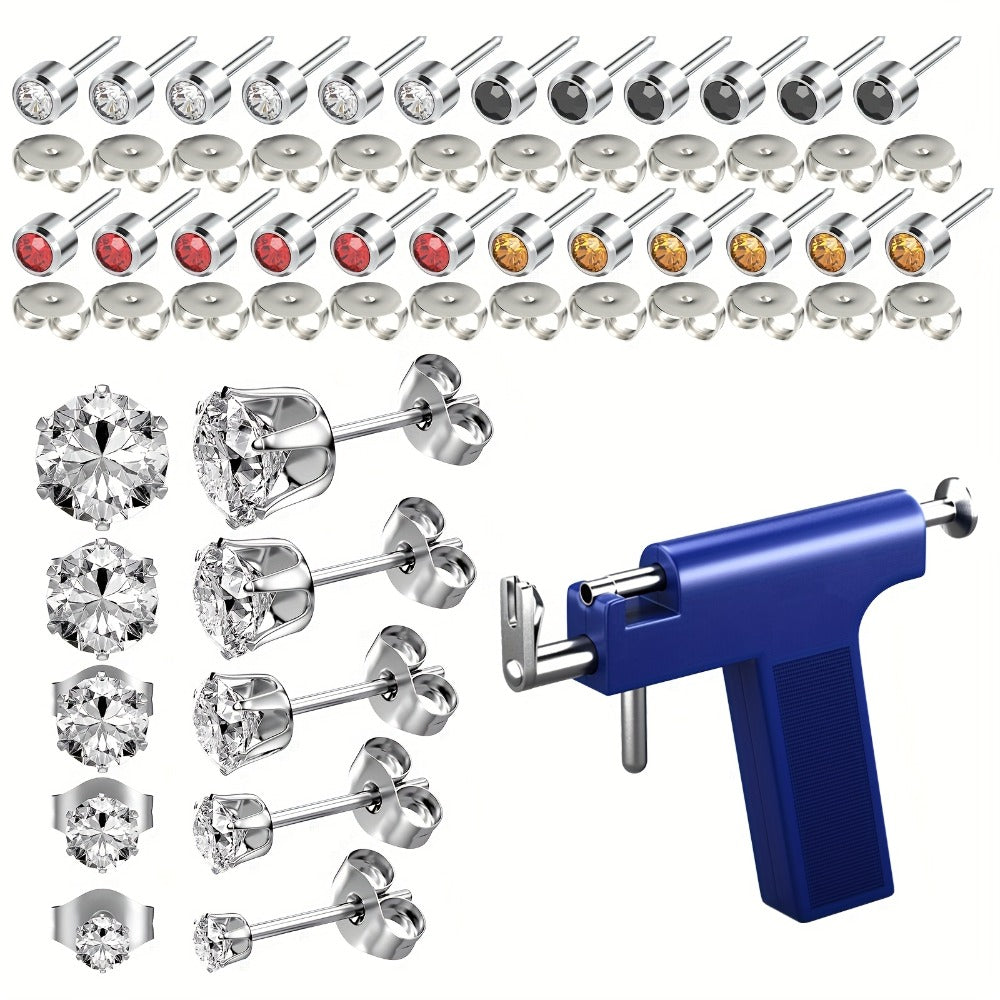 Professional Ear Piercing Gun Set, Reusable, Including 24 Ear Studs, 10 Cubic Zirconia Fashion Earrings | Self-contained Ear And Nose Piercing Tools, Including A Marking Pen, Stainless Steel Jewelry Set