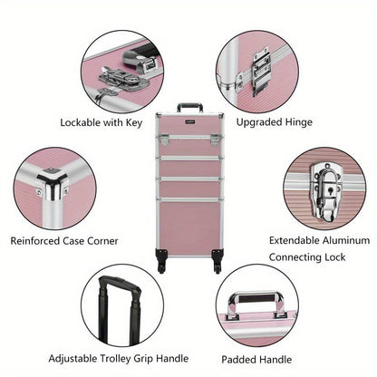 Rolling Makeup Train Case 4-in-1 Aluminum Lockable 4 Removable Wheels Collapsible Trays DIY Compartments Telescopic Rod Cosmetic Organizer Trolley for Makeup Artists Salon Travel Black Pink Rhinestone