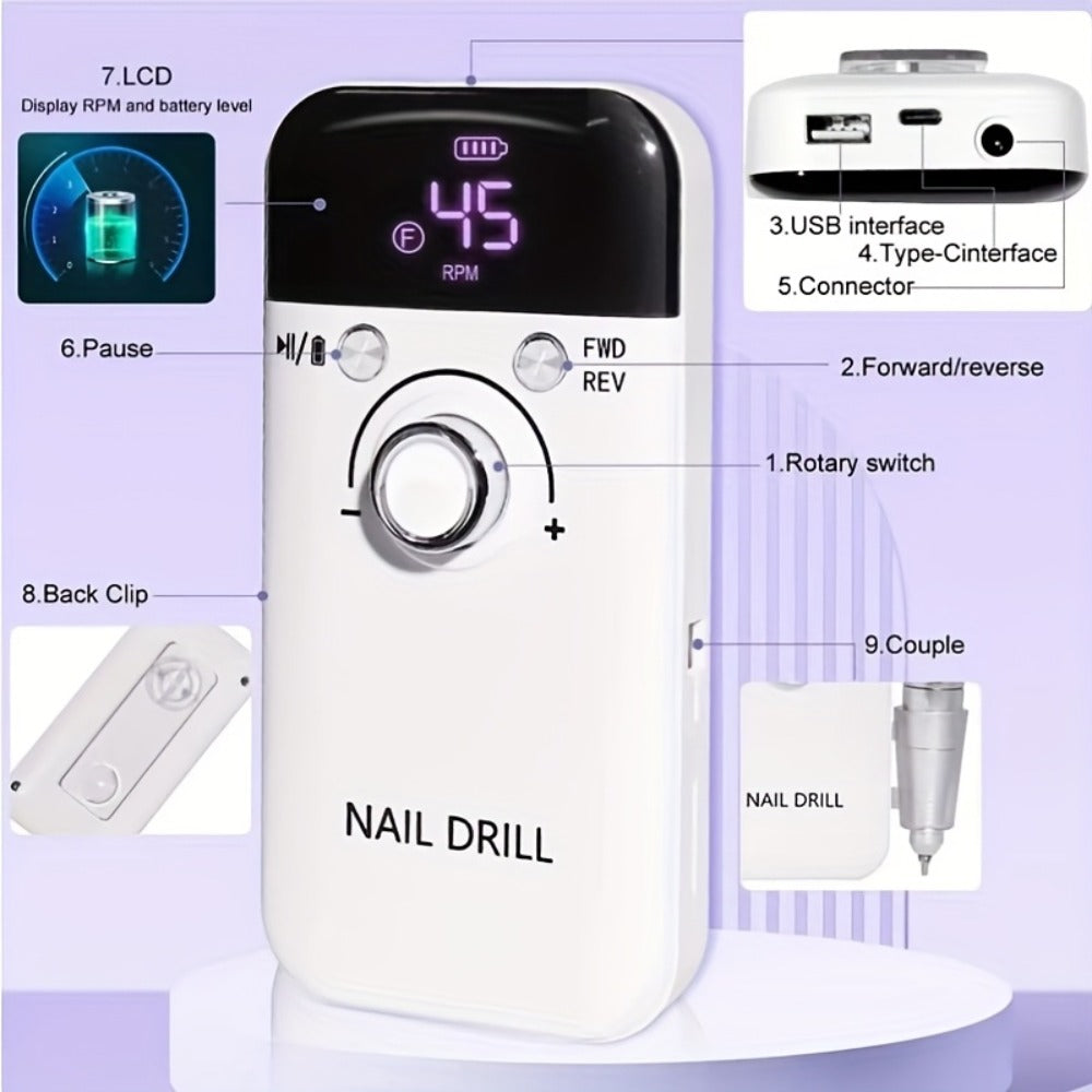Professional E- for nail Drill 45000 RPM Rechargeable Electric for nail File Kit Portable&Low Noise for nail Drill Manicure Pedicure Tools Polishing Set With for nail Drill Bits Sanding Bands For Nail Salon&Perfect Holiday Gifts For Women