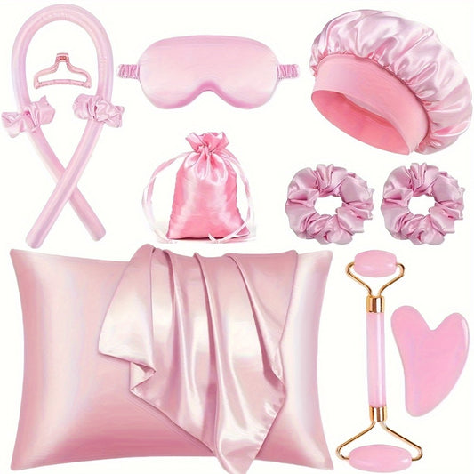 Sleep Hair Curling Set 12pcs – Heatless Curling Rods, Satin Sleep Cap, Eye Mask, Facial Roller, Hairband & Satin Storage Bag for Women