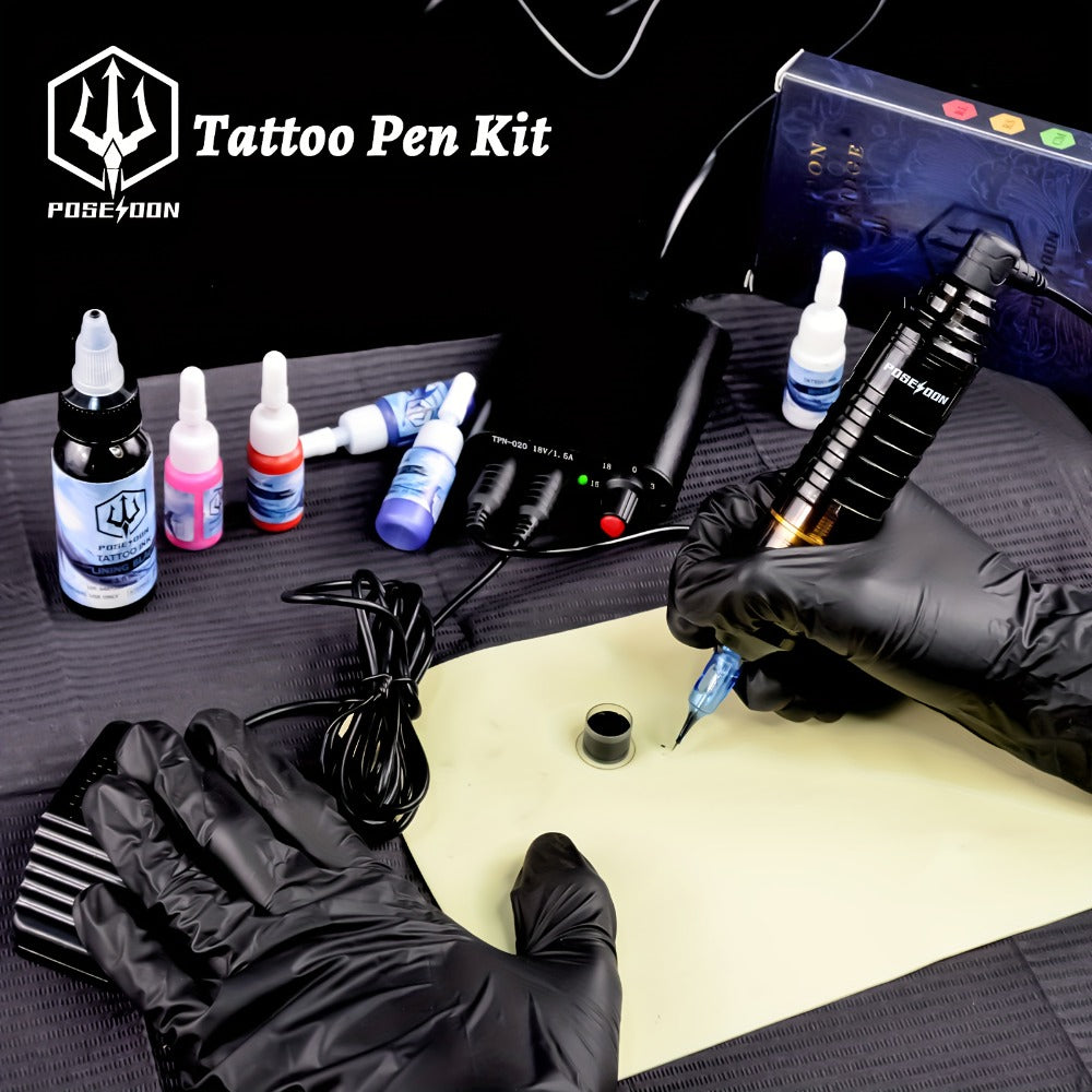 Valentine's Day Beauty Tools Gift POSEIDON Rotary Tattoo Kit, Tattoo Pen Kit with 10pcs Tattoo Cartridge Needles, Professional Tattoo Machine Kit with Power Supply, 6 Color Tattoo Inks with Foot Pedal Tattoo Gun for Artists