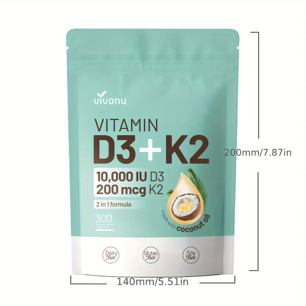 [2-In-1 Vitamin D & K] Vitamin D3 And K2 Coconut Oil Softgels, 2-In-1 Vitamin D And K, Premium Formula, Creates A Safe Environment, 300 Softgels, Easy To Swallow