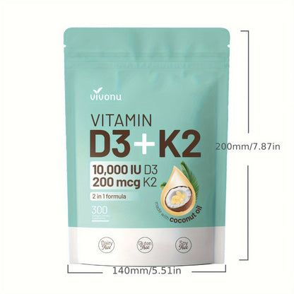 Vitamin D3 K2 Softgels with Coconut Oil – 2-in-1 Premium Bone, Heart & Immune Support Formula for Women & Men | Easy-to-Swallow | 300 Softgels per Pack