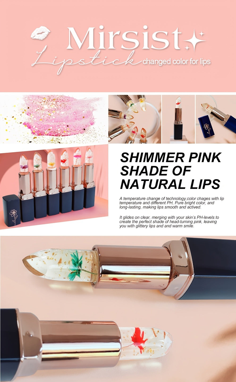 Flower Color Changing Lip Balm Set 6 Pcs - pH Reactive Tint Turns Pink, 6 Flavors, Moisturizing Transparent Lipstick, Cute Floral Design, Gift-Ready Beauty Makeup for Women & Girls