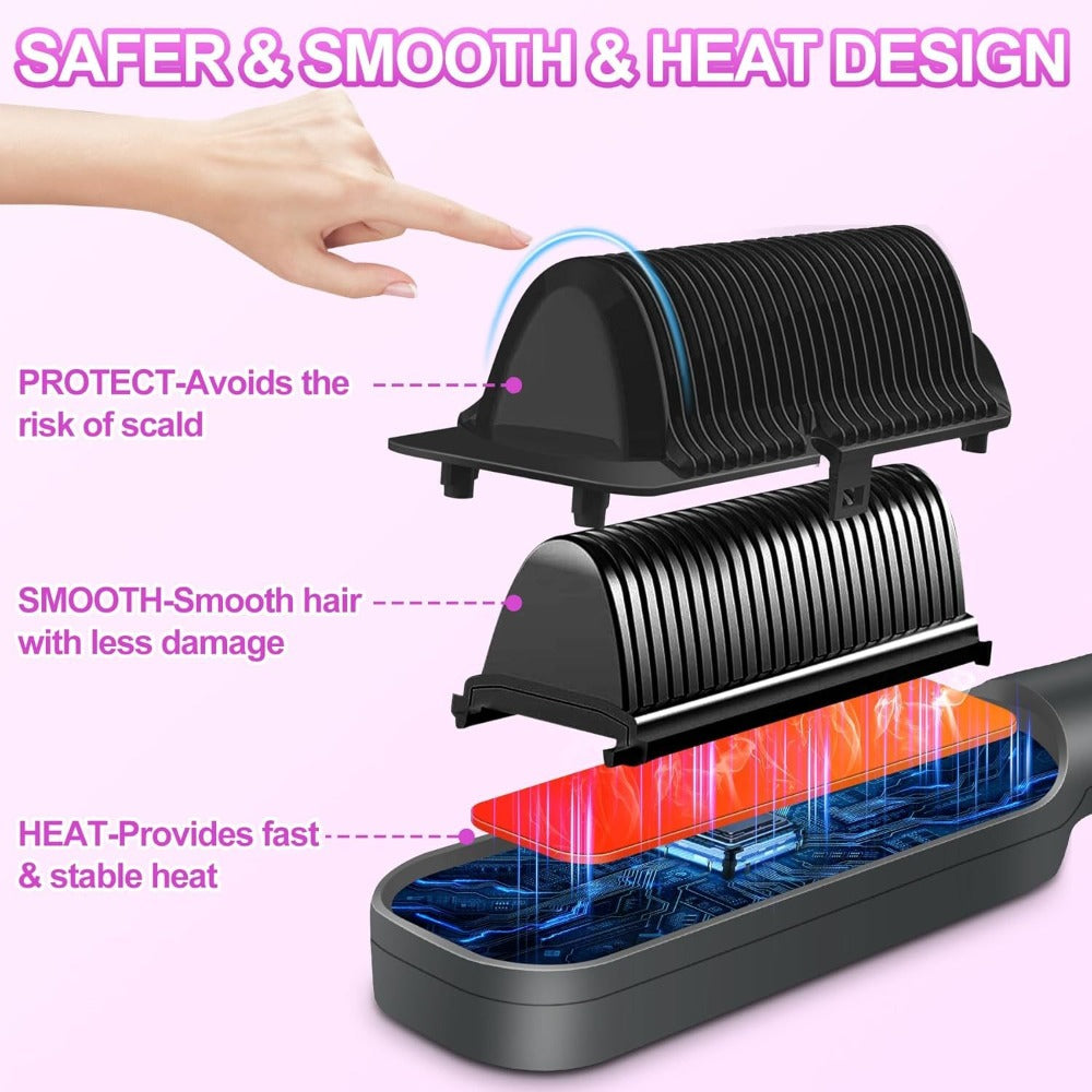 Hair Straightener Brush, 10s Fast Hair Straightener Comb Straightening Brush for Women, LCD Display, 5 Temps Flat Iron Brush, Anti-Scald (Includes Two Extra Clips And One Comb)