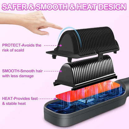 Hair Straightener Brush 10s Fast Heat LCD Display – 5 Temperature Flat Iron Comb Anti-Scald Straightening Brush for Women with 2 Clips & Comb – White, Grey, Purple
