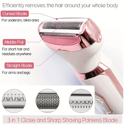 Electric Razor for Women 4-in-1 Rechargeable Grooming Kit - Lady Shaver Bikini Trimmer for Face Nose Legs Underarm Wet Dry Painless Hair Removal Portable Gift Set