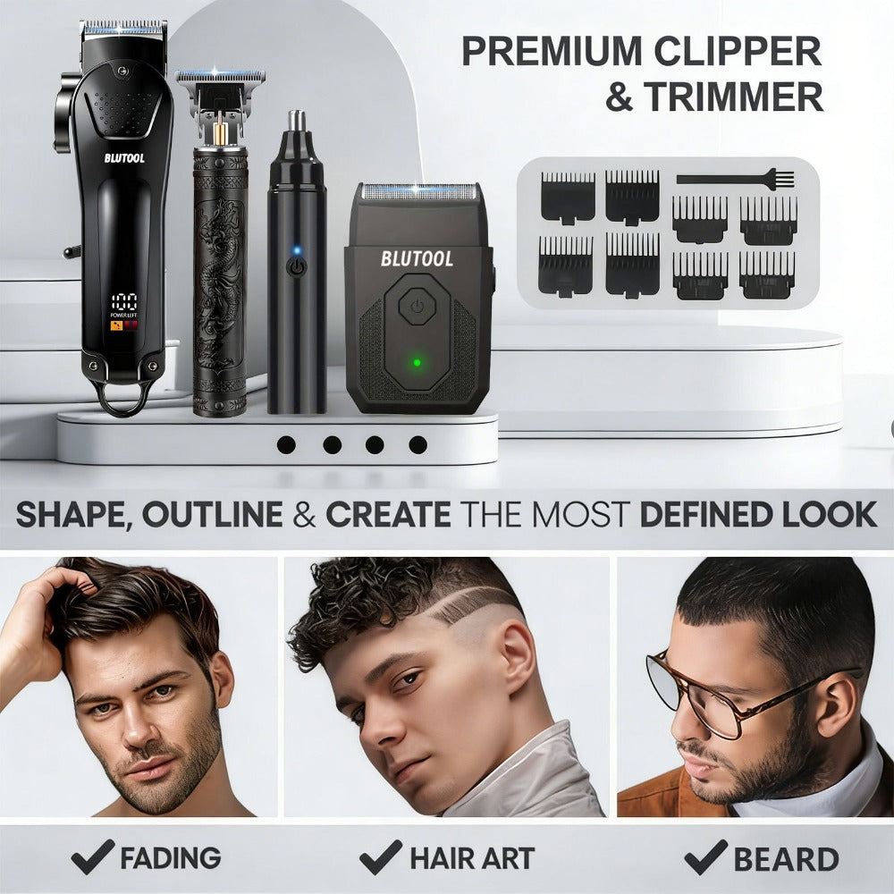 4pcs Professional Barber Clippers and Trimmer Set | Nose Hair Trimmer, Detail Trimmer with Guide Comb, LED Display, USB Powered, Rechargeable Battery, ABS Plastic Housing, Ideal Gift for Husband/Boyfriend/Elders, Home & Travel Use