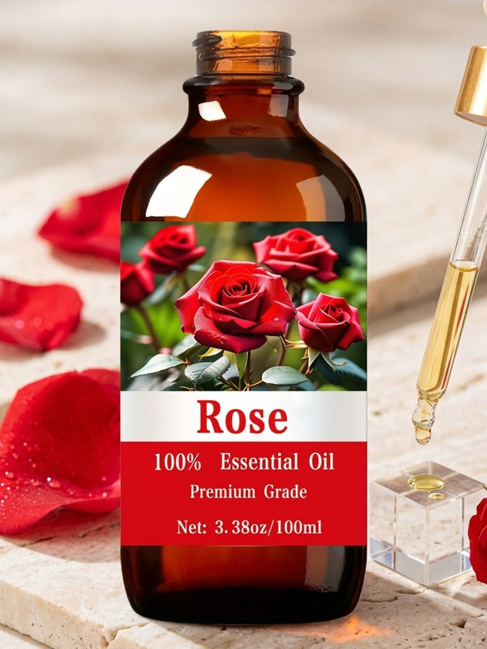 Rose Essential Oil, 100ml/3.38fl.oz, 100% Pure Care Grade for Nail, Hair & Skin Care, Massage, Moisturizing Massage Essential Oil for Men & Women, Meditation Gift, Perfect Christmas Gift