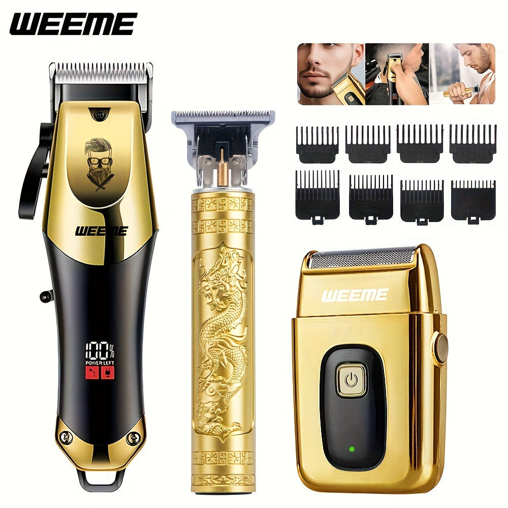 [Christmas New Year Gifts] WEEME All Golden Series 3pcs/2pcs/1pc Men's Hair Clipper Set - Hair Cutting Kit, T-Blade Trimmer, Combs, USB Cable, Cleaning Brush-Perfect Christmas And New Year Gifts