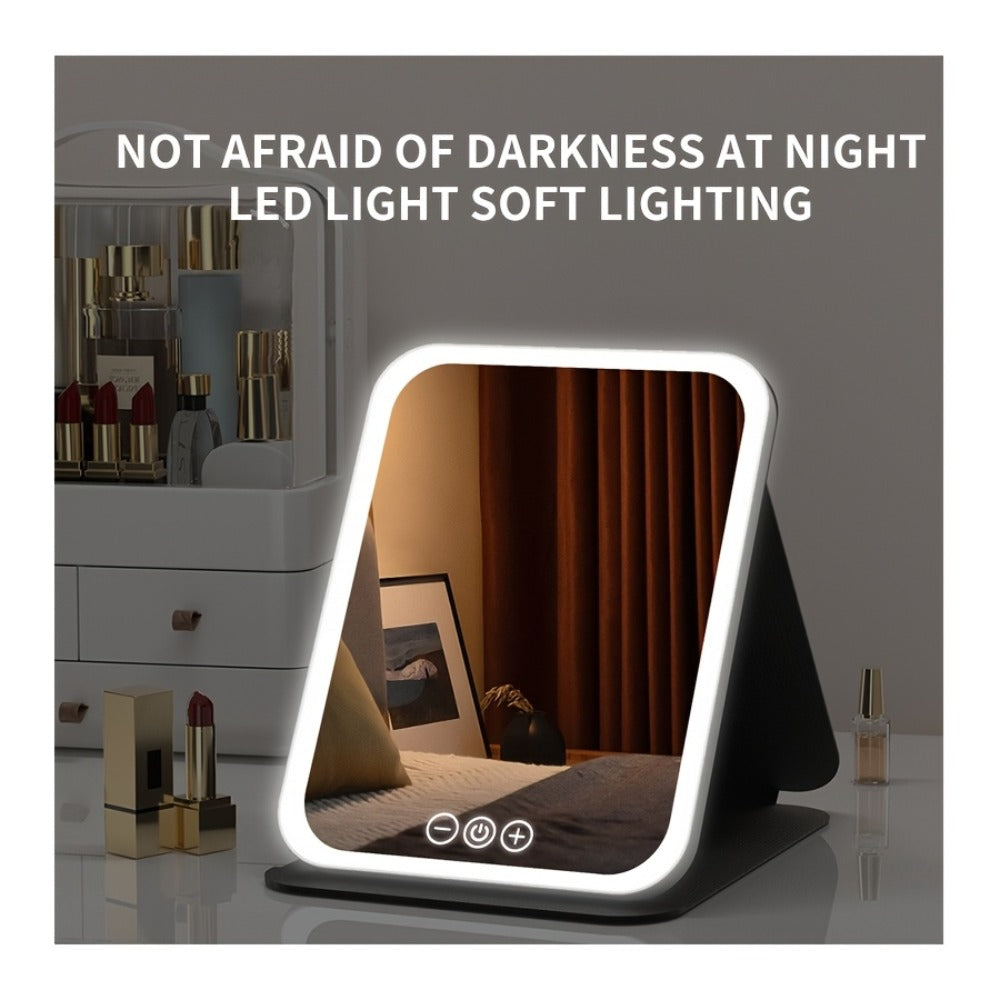 LED Makeup Mirror Folding with Touch Screen - USB Rechargeable Portable Vanity Mirror, Tri-Color Dimmable Lighting, Travel Desk Tabletop Use, Square or Round, Pink or White