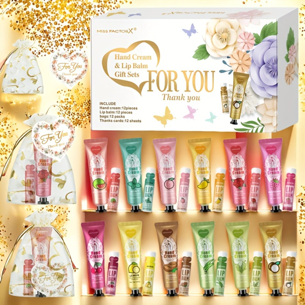 48pcs/Sets Hand Cream & Lip Balm Gift Sets - Perfect For Wedding, Friend Gatherings, Or As A Party Favor! Includes 12pcs Hand Cream, 12pcs Lip Balm, 12pcs White Heart-Shaped Hot Stamping Yarn Bags, And 12pcs Thank You Cards. Mother'S Day Gift