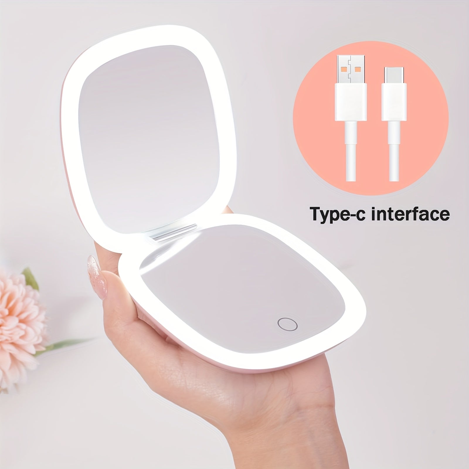 Two-Sided Magnifying Mirror with LED Lights, Featuring Three Brightness Levels, USB Charging, a Foldable And Portable Design, a Polished Plastic Frame, And an Animal Theme, Ideal for Makeup And Travel