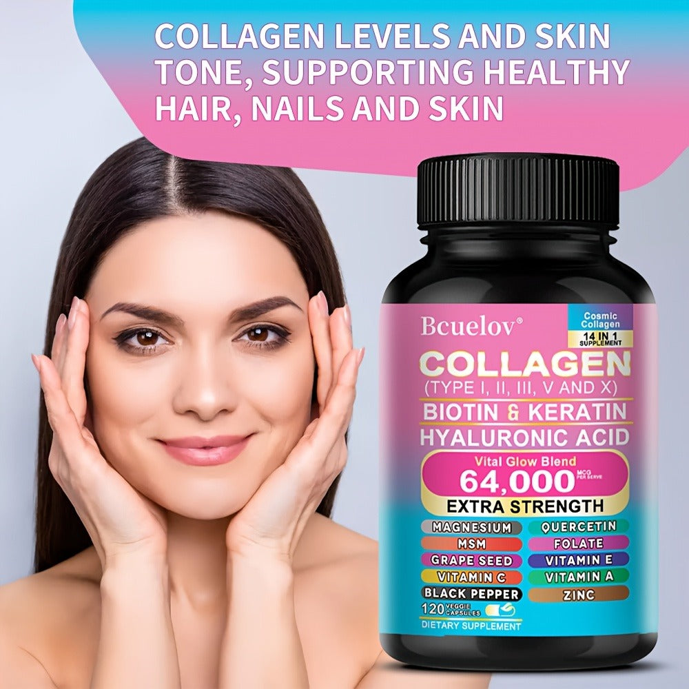 Types I, II, III, V, And X Collagen Supplements - Enriched with Biotin And Keratin, Along with Hyaluronic Acid - Healthy Skin, Nails, And Hair - 120 Capsules