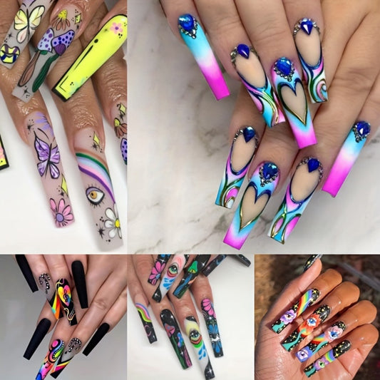 5 Boxes (120 Pcs Extra Long Press On Nails Fake Nails Set - Cosmic Eyes & Crystal Rhinestones Matte With Glue On NailsColorful Stripes Floral Patterns-Wearable Nail Art - Festive Gift Set