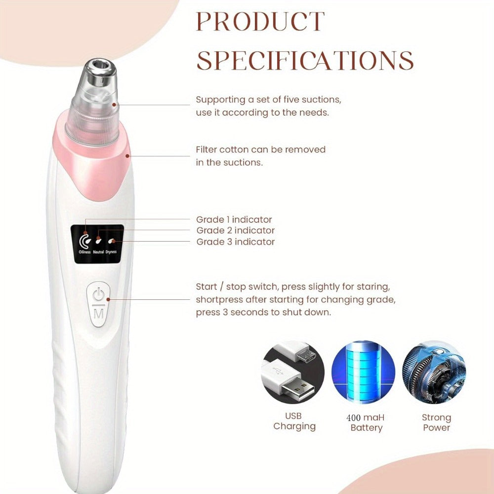 Blackhead Remover - 3 Adjustable Suction Power Levels, 4 Blackhead Remover Tools, 5 Replaceable Probes, USB Rechargeable, Easy to Use And Clean, Gift for Women