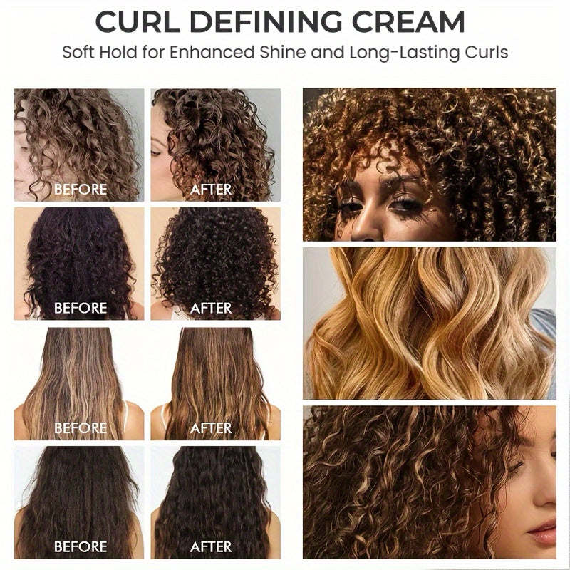 Curl Defining Cream & Detangling Brush Set, Anti-Frizz Curl Enhancer, Long-Lasting Style, Non-Sticky, Lightweight Hold, Enhances Bouncy Curls, Salon Quality for All Curly/Wavy Hair