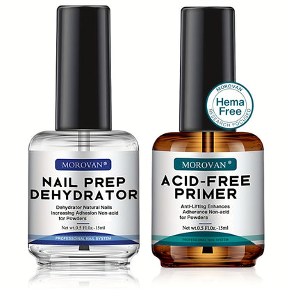 Nail Prep Dehydrator & Primer Set - Acid-Free Non-Acid Base for Acrylic & Gel Polish, Fast Dry Bonding Agent with Nail File & Brush, Professional Nail Salon Kit Gift Box for Nail Technicians