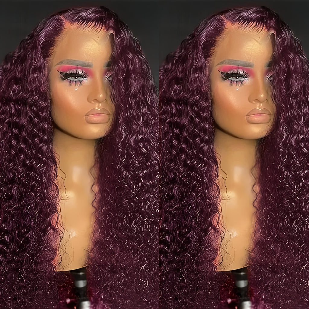 200% Density Burgundy Curly Deep Wave Frontal Wig Glueless HD Transparent Lace Front with Pre-Plucked Hair - 99J Bleached Knots Look Suitable for Women, Long-Lasting Volume & of Application