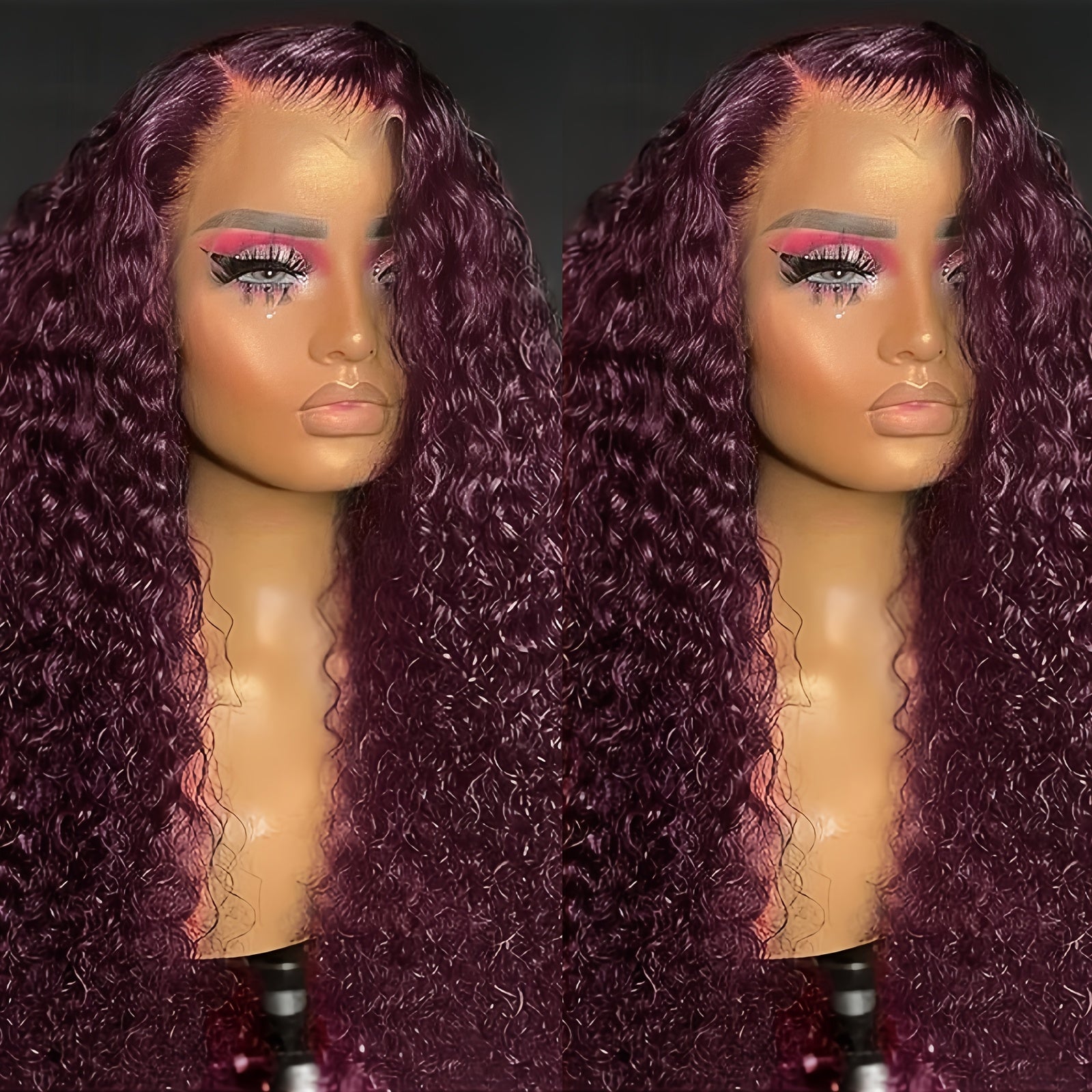 200% Density Burgundy Curly Deep Wave Frontal Wig Glueless HD Transparent Lace Front with Pre-Plucked Hair - 99J Bleached Knots Look Suitable for Women, Long-Lasting Volume & of Application