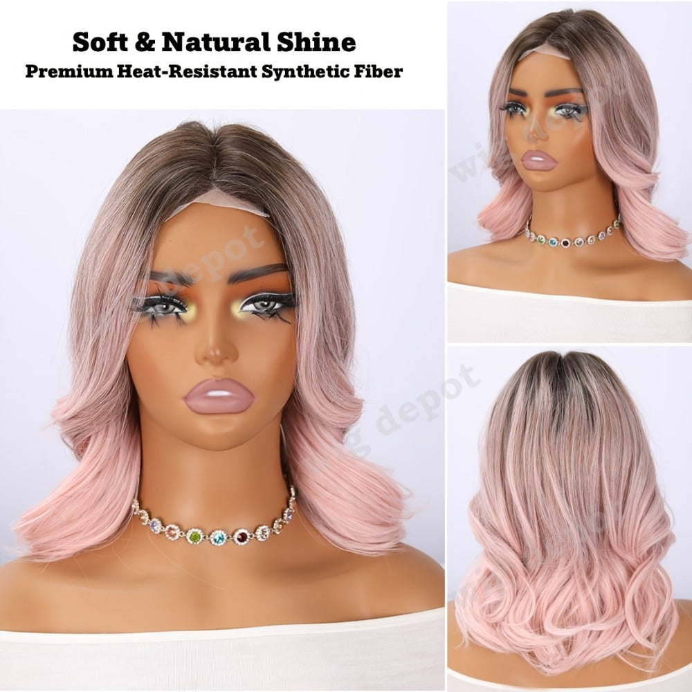 Bob Wig 4x1 U Part Lace Front Rose Net Cap - Middle Part Glueless Wig for Women Brown Highlights Milky White Black Pink 14 Inch