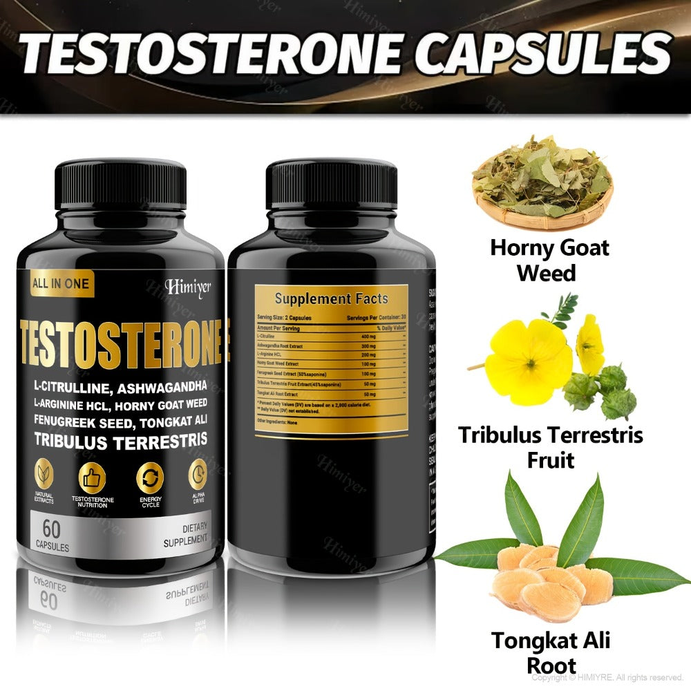 Male & TESTOSTERON Supplement, With L-Arginine, Tongkat Ali, Tribulus & Fenugreek - 60 Capsules, 30-Day Supply, Plant-Based Formula, Natural Ingredients, Men'S Health Supplement
