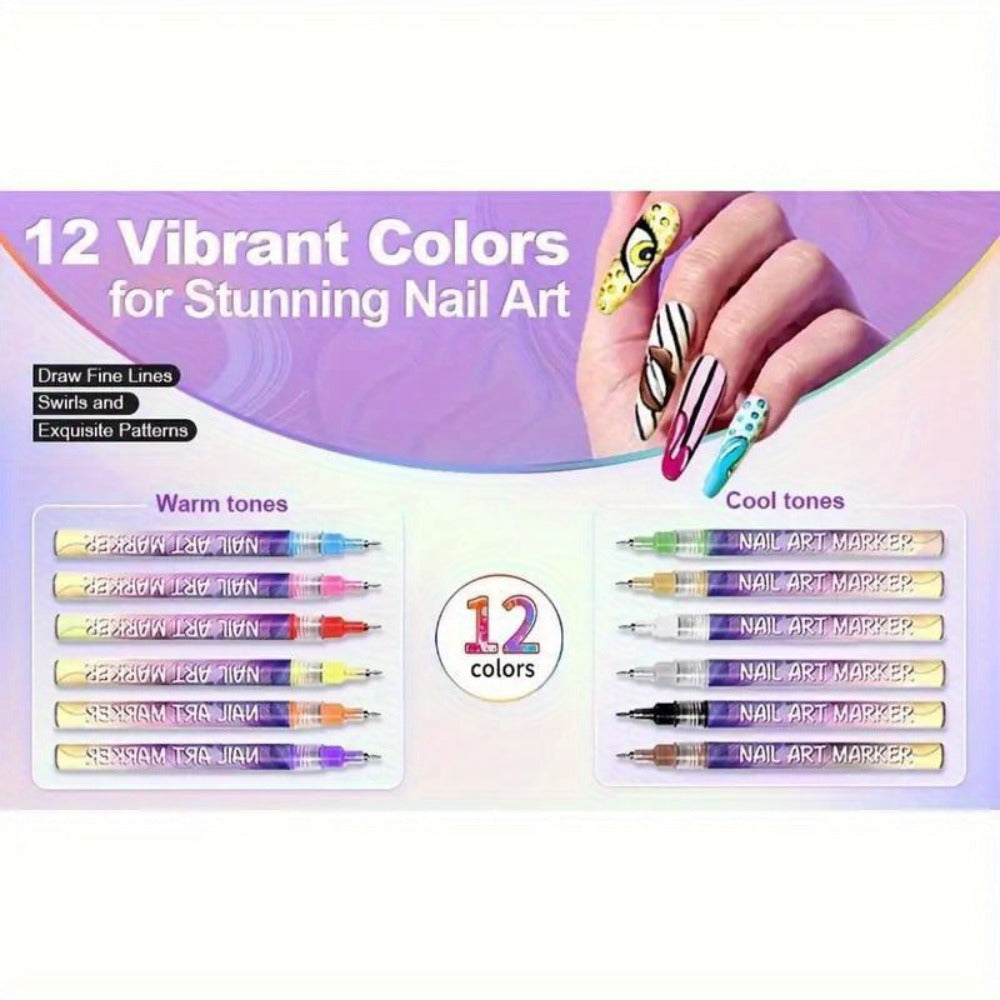 1 Set Nail Doodle Pen, 12-Color Acrylic Paint Pen, Nail Paint Quick Drying Dot Stitching Pen, Precision 3D Doodle Nail Art Pen, Nail Art Pen Set, Quick Drying, Suitable for Home And Salon, Detailed And Long-Lasting Design
