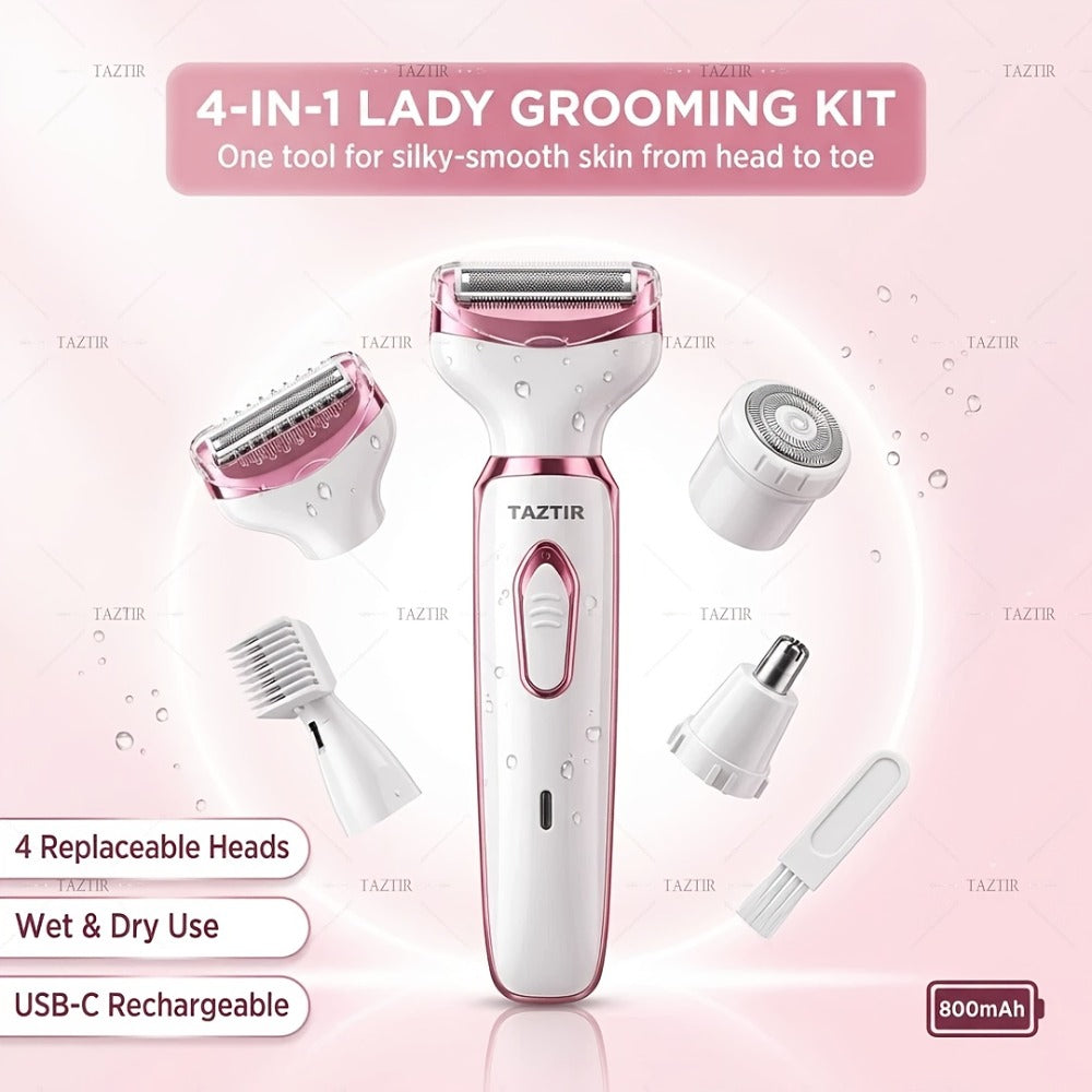 Electric Razor for Women, 4-in-1 Rechargeable Grooming Kit | Limited Luxury Set | Ultimate Shaving Care Gift, Lady Electric Shaver for Face, Nose, Legs And Underarm, Bikini Trimmer for Women Wet & Dry Painless, Hair Razor Rechargeable & Portable
